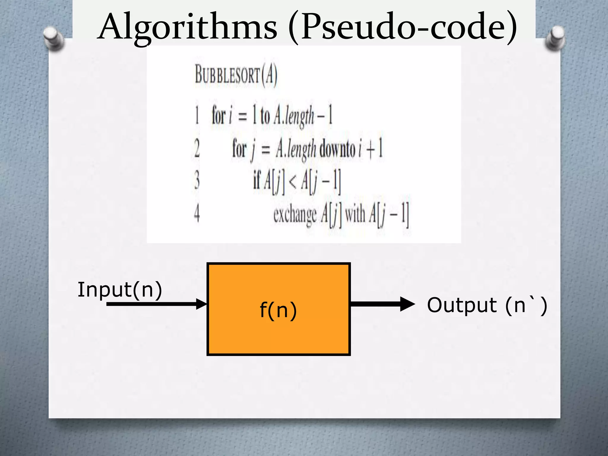 Algorithms (Pseudo-code)
f(n)
Input(n)
Output (n`)
 