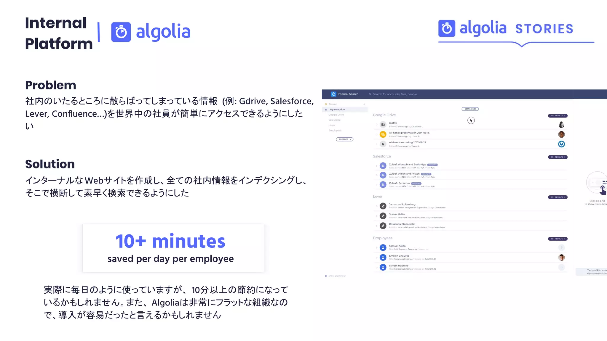 Problem
社内のいたるところに散らばってしまっている情報 (例: Gdrive, Salesforce,
Lever, Conﬂuence…)を世界中の社員が簡単にアクセスできるようにした
い
10+ minutes
saved per day per employee
Solution
インターナルなWebサイトを作成し、全ての社内情報をインデクシングし、
そこで横断して素早く検索できるようにした
Internal
Platform
実際に毎日のように使っていますが、 10分以上の節約になって
いるかもしれません。また、 Algoliaは非常にフラットな組織なの
で、導入が容易だったと言えるかもしれません
 