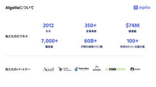 私たちのパートナー
$74M
調達額創業
2012
従業員数
350+
私たちのビジネス
Algoliaについて
100+
利用されている国の数顧客数
7,000+
月間の検索クエリ数
60B+
 