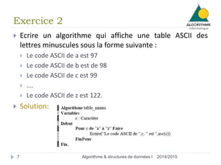 2014/2015Algorithme & structures de données I7
 Ecrire un algorithme qui affiche une table ASCII des
lettres minuscules sous la forme suivante :
 Le code ASCII de a est 97
 Le code ASCII de b est de 98
 Le code ASCII de c est 99
 ….
 Le code ASCII de z est 122.
 Solution:
Exercice 2
 