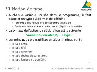 VI.Notion de type
 A chaque variable utilisée dans le programme, il faut
associer un type qui permet de définir :
 l’ensemble des valeurs que peut prendre la variable
 l’ensemble des opérations qu’on peut appliquer sur la variable.
 La syntaxe de l’action de déclaration est la suivante
Variable 1, Variable 2, … : Type
 Les principaux types utilisés en algorithmique sont :
 le type entier
 le type réel
 le type caractère
 le type chaîne de caractères
 le type logique ou booléen.
11
2014/2015 ALGORITHME & STRUCTURES DE DONNÉES I
 