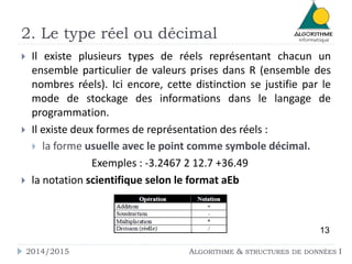 2. Le type réel ou décimal
 Il existe plusieurs types de réels représentant chacun un
ensemble particulier de valeurs prises dans R (ensemble des
nombres réels). Ici encore, cette distinction se justifie par le
mode de stockage des informations dans le langage de
programmation.
 Il existe deux formes de représentation des réels :
 la forme usuelle avec le point comme symbole décimal.
Exemples : -3.2467 2 12.7 +36.49
 la notation scientifique selon le format aEb
13
2014/2015 ALGORITHME & STRUCTURES DE DONNÉES I
 