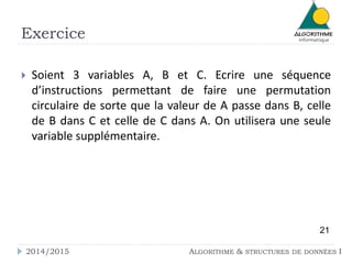 Exercice
 Soient 3 variables A, B et C. Ecrire une séquence
d’instructions permettant de faire une permutation
circulaire de sorte que la valeur de A passe dans B, celle
de B dans C et celle de C dans A. On utilisera une seule
variable supplémentaire.
2014/2015 ALGORITHME & STRUCTURES DE DONNÉES I
21
 