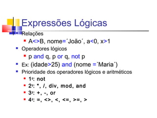 Expressões Lógicas 
 Relações 
 A<>B, nome=´João´, a<0, x>1 
 Operadores lógicos 
 p and q, p or q, not p 
 Ex: (idade>25) and (nome =´Maria´) 
 Prioridade dos operadores lógicos e aritméticos 
 1a: not 
 2a: *, /, div, mod, and 
 3a: +, -, or 
 4a: =, <>, <, <=, >=, > 
 