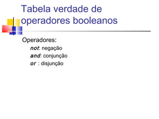 Tabela verdade de 
operadores booleanos 
Operadores: 
not : negação 
and : conjunção 
or : disjunção 
 