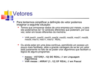 Vetores 
 Para tentarmos simplificar a definição de vetor podemos 
imaginar a seguinte situação: 
 Temos que armazenar dados de uma empresa por meses, e para 
isto poderíamos ter 12 variáveis diferentes que poderiam, por sua 
vez, estar em locais diferentes da memória. 
 VAR mes01, mes02, mes03, mes04, mes05, mes06, mes07, mes08, 
mes09, mes10, mes11, mes12 : REAL; 
 Ou ainda estar em uma área contínua, permitindo um acesso um 
pouco mais facilitado, aliás a grande vantagem de se ter um vetor 
está justamente no fato de se poder criar algoritmos que facilitam a 
lógica de alguns programas: 
 meses : VETOR[1..12] DE REAL; // em Linguagem 
Algorítmica 
 VAR meses : ARRAY [1..12] OF REAL; // em Pascal 
 