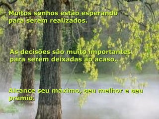 Muitos sonhos estão esperando
para serem realizados.




As decisões são muito importantes
para serem deixadas ao acaso.




Alcance seu máximo, seu melhor e seu
premio.
 