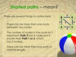 There are several things to notice here:
There can be more then one route
between two nodes.
The number of nodes in the route isn’t
important (Path 3 has 4 nodes but is
shorter than Path 1 or 2, which
has 3 nodes).
There can be more than one path of
minimal length.
Shortest paths – mean?
 