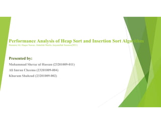 Performance Analysis of Heap Sort and Insertion Sort Algorithm
Humaira Ali, Haque Nawaz, Abdullah Maitlo, Inayatullah Soomro(2021)
Presented by:
Muhammad Sheraz ul Hassan (23201009-011)
Ali Imran Cheema (23201009-004)
Khuram Shahzad (23201009-002)
 