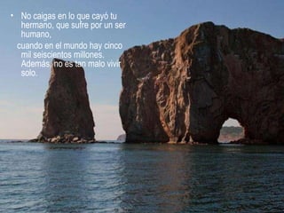 No caigas en lo que cayó tu hermano, que sufre por un ser humano,  cuando en el mundo hay cinco mil seiscientos millones.  Además, no es tan malo vivir solo.  