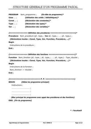 Algorithmique & Programmation Prof. FENNI-S Page 12/12
STRUCTURE GENERALE D’UN PROGRAMME PASCAL
PROGRAM Nom_programme ; {En-tête du programme}*
Uses ... ; {Utilisation des unités / bibliothèques}*
Const ... ; {Déclaration des constantes}*
Type ... ; {Déclaration des types}*
Var ... ; {Déclaration des variables}*
{============= Définition des procédures ==================}*
Procedure Nom_procédure (pf1 :type1 ; Var pf2 :type2 ; … ; pfn :typen) ;
{Déclarations locales : Const, Type, Var, Function, Procedure, ...}*
Begin
Instructions de la procédure ;
End ;
{============= Définition des fonctions ===================}*
Function Nom_fonction (pf1 :type1 ; pf2 :type2 ; … ; pfn :typen) : Type_résultat ;
{Déclarations locales : Const, Type, Var, Function, Procedure, ...}*
Begin
Instructions de la fonction ;
Nom_fonction := résultat ;
End ;
{====================== P. P. =====================}
BEGIN {Début du programme principal}
Instructions ;
………………………………… ;
………………………………… ;
………………………………… ;
{Bloc principal du programme avec appel des procédures et des fonctions}
END. {Fin du programme}
* : facultatif
 