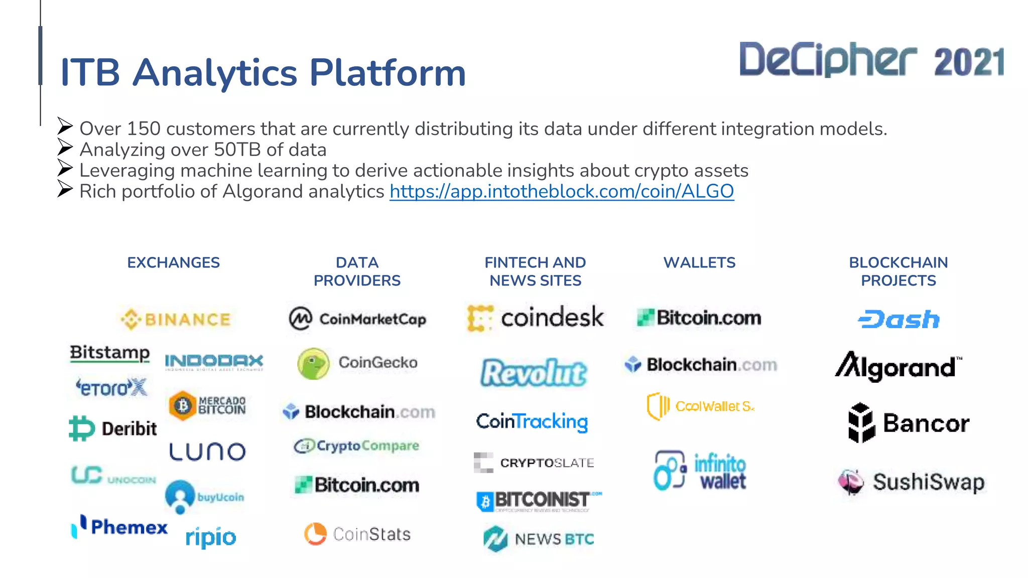 ITB Analytics Platform
Over 150 customers that are currently distributing its data under different integration models.
Analyzing over 50TB of data
Leveraging machine learning to derive actionable insights about crypto assets
Rich portfolio of Algorand analytics https://app.intotheblock.com/coin/ALGO
EXCHANGES DATA
PROVIDERS
FINTECH AND
NEWS SITES
WALLETS BLOCKCHAIN
PROJECTS
 