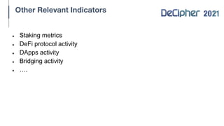 Other Relevant Indicators
● Staking metrics
● DeFi protocol activity
● DApps activity
● Bridging activity
● ….
 