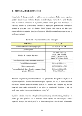 88
4 – RESULTADOS E DISCUSSÃO
No apêndice A são apresentados os gráficos com os resultados obtidos com o algoritmo
genético desenvolvido conforme descrito na metodologia. Na tabela 4.1 estão listadas
todas as variáveis alteráveis do algoritmo genético criado para essa dissertação. As
variáveis: número de cromossomos (tamanho da população), probabilidade de mutação,
número de gerações e taxa de elitismo foram testadas com mais de um valor para
comparação dos resultados, ajuste do algoritmo e definição dos parâmetros que geram os
melhores resultados.
Tabela 4.1 – Variáveis utilizadas nas simulações
VARIÁVEL VALOR
Número de Cromossomos (população) 10, 50, 100, 150, 200
Número genes 4
Limites de cada um dos genes
voz GSM = [0 125]
dados GSM = [0 30]
voz WCDMA = [0 150]
dados WCDMA = [0 80]
Comprimento da sequência de caracteres (bits) 8
Probabilidade de mutação 0,01;0,05;0,1;0,2;…1
Número de gerações 10,50,100,150,…,500
Percentual de indivíduos clonados para a próxima
geração (Elitismo)
0,01;0,05;0,1;0,2;0,3;
0,4;0,5;0,6;0,7;…1
Para cada conjunto de parâmetros testados, são apresentados dois gráficos. O gráfico da
esquerda representa o custo mínimo obtido pelo algoritmo, ou seja, o melhor resultado
encontrado para obj_function em cada geração. Na maioria dos exemplos obj_function
convergiu para o valor mínimo (0) já nas primeiras iterações do algoritmo e, por este
motivo, em muitas figuras esta coincide com o eixo “x”.
O gráfico à direita apresenta a função custo que se deseja minimizar (obj_function) e os
pontos que estão plotados, são os melhores valores obtidos em cada iteração. Como o
algoritmo propaga para novas gerações as melhores respostas, muitas vezes, os melhores
 