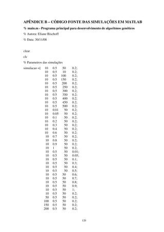 120
APÊNDICE B – CÓDIGO FONTE DAS SIMULAÇÕES EM MATLAB
% main.m - Programa principal para desenvolvimento de algoritmos genéticos
% Autora: Eliane Bischoff
% Data: 30/11/08
clear
clc
% Parametros das simulações
simulacao =[ 10 0.5 50 0.2;
10 0.5 10 0.2;
10 0.5 100 0.2;
10 0.5 150 0.2;
10 0.5 200 0.2;
10 0.5 250 0.2;
10 0.5 300 0.2;
10 0.5 350 0.2;
10 0.5 400 0.2;
10 0.5 450 0.2;
10 0.5 500 0.2;
10 0.01 50 0.2;
10 0.05 50 0.2;
10 0.1 50 0.2;
10 0.2 50 0.2;
10 0.3 50 0.2;
10 0.4 50 0.2;
10 0.6 50 0.2;
10 0.7 50 0.2;
10 0.8 50 0.2;
10 0.9 50 0.2;
10 1 50 0.2;
10 0.5 50 0.01;
10 0.5 50 0.05;
10 0.5 50 0.1;
10 0.5 50 0.3;
10 0.5 50 0.4;
10 0.5 50 0.5;
10 0.5 50 0.6;
10 0.5 50 0.7;
10 0.5 50 0.8;
10 0.5 50 0.9;
10 0.5 50 1;
10 0.5 50 0.2;
50 0.5 50 0.2;
100 0.5 50 0.2;
150 0.5 50 0.2;
200 0.5 50 0.2;
 
