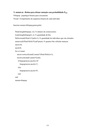 133
% mutate.m - Rotina para efetuar mutação com probabilidade Pmut
%binpop : populaçao binaria para cruzamento
%Lind : Comprimento da sequencia binaria de cada individuo
function mutate=f(binpop,pmut,pelit)
Nind=length(binpop(:,1)); % número de cromossomos
Lind=length(binpop(1,:)); % quantidade de bits
Nelit=round((Nind-1)*pelit+1); % quantidade de indivíduos que são clonados
nmut=ceil((Nind-Nelit)*Lind*pmut); % quantos bits sofrerão mutacao
mrow=0;
mcol=0;
for i=1:nmut
mrow=sort(ceil(rand(1,nmut)*(Nind-Nelit))+1);
mcol=ceil(rand(1,nmut)*Lind);
if binpop(mrow,mcol)=='0'
binpop(mrow,mcol)='1';
else
binpop(mrow,mcol)='0';
end
end
mutate=binpop;
 