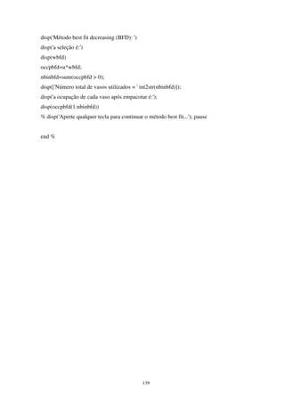 139
disp('Método best fit decreasing (BFD): ')
disp('a seleção é:')
disp(wbfd)
occpbfd=u*wbfd;
nbinbfd=sum(occpbfd > 0);
disp(['Número total de vasos utilizados = ' int2str(nbinbfd)]);
disp('a ocupação de cada vaso após empacotar é:');
disp(occpbfd(1:nbinbfd))
% disp('Aperte qualquer tecla para continuar o método best fit...'); pause
end %
 