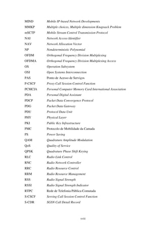xviii
MIND Mobile IP-based Network Developments
MMKP Multiple choices, Multiple dimension Knapsack Problem
mSCTP Mobile Stream Control Transmission Protocol
NAI Network Access Identifier
NAV Network Allocation Vector
NP Nondeterministic Polynomial
OFDM Orthogonal Frequency Division Multiplexing
OFDMA Orthogonal Frequency Division Multiplexing Access
OS Operation Subsystem
OSI Open Systems Interconnection
PAS Ponto de Acesso de Serviços
P-CSCF Proxy Call Session Control Function
PCMCIA Personal Computer Memory Card International Association
PDA Personal Digital Assistant
PDCP Packet Data Convergence Protocol
PDG Packet Data Gateway
PDU Protocol Data Unit
PHY Physical Layer
PKI Public Key Infrastructure
PMC Protocolo de Mobilidade da Camada
PS Power Saving
QAM Quadrature Amplitude Modulation
QoS Quality of Service
QPSK Quadrature Phase Shift Keying
RLC Radio Link Control
RNC Radio Network Controller
RRC Radio Resource Control
RRM Radio Resource Management
RSS Radio Signal Strength
RSSI Radio Signal Strength Indicator
RTPC Rede de Telefonia Pública Comutada
S-CSCF Serving Call Session Control Function
S-CDR SGSN Call Detail Record
 