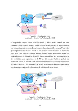 13
Figura 2.5 – Acoplamento Justo
(modificado – Charity, T. e Velentzas, R., 2002)
O acoplamento folgado é mais utilizado quando o WLAN não é operado por uma
operadora celular, mas por qualquer usuário privado. Ou seja, as redes de acesso distintas
são tratadas independentemente. Desta forma, os dados transmitidos em uma WLAN não
passam pela rede celular. Nesse modelo há uma interface comum para troca de informação
entre redes. Duas redes de acesso não possuem nada em comum, mas as redes núcleo são
conectadas conforme ilustrado na figura 2.6. O componente-chave para suportar a gerência
de mobilidade nesta arquitetura é o IP Móvel. Este modelo facilita a gerência de
mobilidade vertical na pilha IP, dando ênfase na implementação do roaming, mobilidade e
gerência de segurança na camada de rede. Porém, como os componentes de rede devem
trocar mensagens de controle pelo caminho da Internet, pode haver atraso.
Figura 2.6 – Acoplamento Folgado
(modificado – Charity, T. e Velentzas, R., 2002)
 