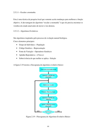 60
2.5.3.1 – Escalar a montanha
Esta é uma técnica de pesquisa local que somente aceita mudanças para melhorar a função
objetivo. A desvantagem do algoritmo “escalar a montanha” é que ele precisa encontrar os
vizinhos do estado atual antes de mover e isto demora.
2.5.3.2 – Algoritmos Evolutivos
São algoritmos inspirados pelo processo de evolução natural biológica.
Cinco elementos principais:
• Grupo de Indivíduos – População
• Código Genético – Representação
• Fonte de Variação – Operadores Genéticos
• Aptidão Reprodutiva – (Fitness)
• Sobrevivência do que melhor se aplica - Seleção
A figura 2.19 mostra o fluxograma do algoritmo evolutivo básico:
Criar uma população inicial
Calcular a aptidão da
população
Produzir offspring (raça)
Juntar o offspring com a
população
NÃO
Selecionar os pais
Calcular a aptidão do
offspring
Terminou?
SIM
Figura 2.19 – Fluxograma do Algoritmo Evolutivo Básico
 