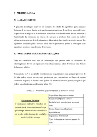 67
3 - METODOLOGIA
3.1 – ÁREA DE ESTUDO
A presente dissertação insere-se no contexto do estudo de algoritmos para alocação
dinâmica de recursos, focada neste problema como proposta de melhoria na relação entre
os processos de negócio e os elementos de rede de telecomunicações. Busca aumentar a
flexibilidade da operadora na criação de serviços e produtos bem como na melhor
utilização dos recursos de rede disponíveis. O estudo é direcionado ao conhecimento dos
algoritmos utilizados para a solução deste tipo de problema e propor a abordagem com
algoritmos genéticos para alocação de recursos.
3.2 – ORIGEM DOS DADOS E/OU INFORMAÇÕES
Deve ser construída uma base de informações que possua todos os elementos de
informação que devem ser suportados pela solução adotada a fim de realizar uma decisão
de handover efetiva.
Koudouridis, G.P. et al. (2005), consideram que os parâmetros para qualquer processo de
decisão podem conter um ou mais parâmetros que caracterizam os fluxos de acesso
candidatos. Segundo os autores, estes podem ser divididos em duas grandes categorias que
podem ser definidos de acordo com a tabela 3.1:
Tabela 3.1 – Parâmetros que caracterizam os fluxos de acesso
Capacidade do ponto de acesso
Requisito de QoS do serviço
Preferência da tecnologia de acesso de
rádio
Custos financeiros (Real/min,
Reais/Mbyte)
Capacidade do terminal
Parâmetros Estáticos:
O valor destes parâmetros é mudado em
uma escala de tempo muito mais longa
que o tempo de vida normal de um fluxo
(ou sessão) e não depende das condições
atuais do rádio ou carga.
Nível de integração entre os acessos de
rádio
 