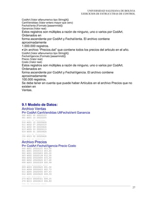 UNIVERSIDAD SALESIANA DE BOLIVIA
EJERCICIOS DE ESTRUCUTRAS DE CONTROL
CodArt (Valor alfanumerico tipo String[4])
CantVendidas (Valor entero mayor que cero)
FechaVenta (Formato [aaaammdd])
Ganancia (Valor real)
Estos registros son múltiples a razón de ninguno, uno o varios por CodArt.
Ordenados en
forma ascendente por CodArt y FechaVenta. El archivo contiene
aproximadamente
1.000.000 registros.
•Un archivo “Precios.dat” que contiene todos los precios del articulo en el año.
CodArt (Valor alfanumerico tipo String[4])
FechaVigencia (Formato [aaaammdd])
Precio (Valor real)
Costo (Valor real)
Estos registros son múltiples a razón de ninguno, uno o varios por CodArt.
Ordenados en
forma ascendente por CodArt y FechaVigencia. El archivo contiene
aproximadamente
100.000 registros.
Se debe tener en cuenta que puede haber Artículos en el archivo Precios que no
existen en
Ventas.
9.1 Modelo de Datos:
Archivo Ventas
Prr CodArt CantVendidas UltFechaVent Ganancia
000 A001 05 20020103
001 A001 15 20020205
... ... .. ........
010 A001 10 20020626
011 A002 07 20020315
012 A002 09 20020626
013 A005 03 20020215
014 A005 01 20020626
... ... .. ........
150 B523 02 20020626
... ... .. ........
Archivo Precios
Prr CodArt FechaVigencia Precio Costo
000 A001 20020101 $03.50
001 A001 20020315 $03.40
002 A001 20020403 $05.20
003 A002 20020128 $12.30
004 A002 20020405 $15.50
005 A002 20020620 $17.60
006 A003 20020329 $00.99
... ... ........ ....
009 A003 20020625 $01.50
010 A004 20020623 $02.73
011 A005 20020505 $07.43
012 A005 20020620 $49.59
... ... ........ ....
273 B215 20020321 $04.25
274 B215 20020615 $06.89
... .. ........ ....
27
 