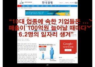 “10대 업종에 속한 기업들은 ...

매출이 100억원 늘어날 때마다

6.2명의 일자리 생겨”

37

 
