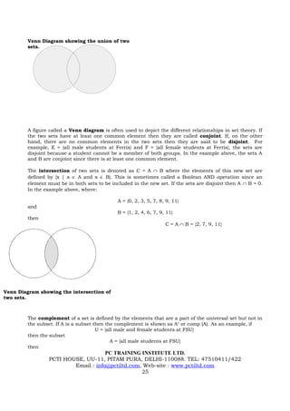 Venn Diagram showing the union of two
         sets.




         A figure called a Venn diagram is often used to depict the different relationships in set theory. If
         the two sets have at least one common element then they are called conjoint. If, on the other
         hand, there are no common elements in the two sets then they are said to be disjoint. For
         example, E = {all male students at Ferris} and F = {all female students at Ferris}, the sets are
         disjoint because a student cannot be a member of both groups. In the example above, the sets A
         and B are conjoint since there is at least one common element.

         The intersection of two sets is denoted as C = A ∩ B where the elements of this new set are
         defined by {x | x ∈ A and x ∈ B}. This is sometimes called a Boolean AND operation since an
         element must be in both sets to be included in the new set. If the sets are disjoint then A ∩ B = 0.
         In the example above, where:

                                               A = {0, 2, 3, 5, 7, 8, 9, 11}
         and
                                               B = {1, 2, 4, 6, 7, 9, 11}
         then
                                                                     C = A ∩ B = {2, 7, 9, 11}




Venn Diagram showing the intersection of
two sets.



         The complement of a set is defined by the elements that are a part of the universal set but not in
         the subset. If A is a subset then the complement is shown as Ac or comp (A). As an example, if
                                       U = {all male and female students at FSU}
         then the subset
                                              A = {all male students at FSU}
         then
                                      PC TRAINING INSTITUTE LTD.
                  PCTI HOUSE, UU-11, PITAM PURA, DELHI-110088. TEL: 47510411/422
                          Email : info@pctiltd.com, Web-site : www.pctiltd.com
                                                   25
 