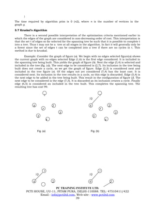 }
The time required by algorithm prim is 0 (n2), where n is the number of vertices in the
graph g.

5.7 Kruskal’s Algorithm
        There is a second possible interpretation of the optimization criteria mentioned earlier in
which the edges of the graph are considered in non-decreasing order of cost. This interpretation is
that the set t of edges so far selected for the spanning tree be such that it is possible to complete t
into a tree. Thus t may not be a tree at all stages in the algorithm. In fact it will generally only be
a forest since the set of edges t can be completed into a tree if there are no cycles in t. This
method is due to kruskal.

        Example: Consider the graph of figure (a). We begin with no edges selected figure(a) shows
the current graph with no edges selected Edge (1,6) is the first edge considered. It is included in
the spanning tree being built. This yields the graph of figure (b). Next the edge (3,4) is selected and
included in the tree (fig. (c)). The next edge to be considered is (2,7). Its inclusion in the tree being
built does not create a cycle, so we get the graph of figure. Edge (2,3) is considered next and
included in the tree figure (e). Of the edges not yet considered (7,4) has the least cost. It is
considered next. Its inclusion in the tree results in a cycle, so this edge is discarded. Edge (5,4) is
the next edge to be added in the tree being built. This result in the configuration of figure (f). The
next edge to be considered is the edge (7,5). It is discarded as its inclusion creates a cycle. Finally
edge (6,5) is considered an included in the tree built. This completes the spanning tree. The
resulting tree has cost 99.


                          1                                               1
                                                              10

               6                   2                          6                   2
                        7                                                 7
                                       3                                                  3
                    5                                              5
                               4                                              4


                    Fig. (a)                                   Fig. (b)




                          1                                               1
                   10                                         10

               6                   2                          6                       2

                               PC TRAINING INSTITUTE LTD.
           PCTI HOUSE, UU-11, PITAM PURA, DELHI-110088. TEL: 47510411/422
                   Email : info@pctiltd.com, Web-site : www.pctiltd.com
                                            39
 