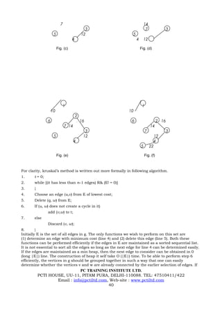 7                                                14
                                              3                              7            3
                     5                      12                  5
                                    4                               4     12

                         Fig. (c)                                       Fig. (d)




                             1                                           1
                    10                                        10
                                        2
                6                           16                  6                      2 16
                               7 14                                              14
                                              3                              7            3
                     5                       12                                     12
                                      4                                            4
                                                                        5        22

                         Fig. (e)                                           Fig. (f)



For clarity, kruskal’s method is written out more formally in following algorithm.
1.     t = 0;
2.     while [(it has less than n–1 edges) R& (E! = 0)]
3.     {
4.     Choose an edge (u,v) from E of lowest cost;
5.     Delete (q, w) from E;
6.     If (u, w) does not create a cycle in it)
                add (v,w) to t;
7.     else
                Discard (v, w);
8.       }
Initially E is the set of all edges in g. The only functions we wish to perform on this set are
(1) determine an edge with minimum cost (line 4) and (2) delete this edge (line 5). Both these
functions can be performed efficiently if the edges in E are maintained as a sorted sequential list.
It is not essential to sort all the edges so long as the next edge for line 4 can be determined easily.
If the edges are maintained as a min heap, then the next edge to consider can be obtained in 0
(long |E|) line. The construction of heap it self take O (|E|) time. To be able to perform step 6
efficiently, the vertices in g should be grouped together in such a way that one can easily
determine whether the vertices v and w are already connected by the earlier selection of edges. If
                               PC TRAINING INSTITUTE LTD.
           PCTI HOUSE, UU-11, PITAM PURA, DELHI-110088. TEL: 47510411/422
                   Email : info@pctiltd.com, Web-site : www.pctiltd.com
                                            40
 