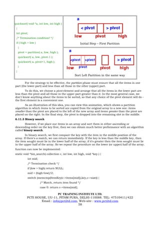 quicksort( void *a, int low, int high )
 {
 int pivot;
 /* Termination condition! */
 if ( high > low )                                      Initial Step – First Partition
     {
     pivot = partition( a, low, high );
     quicksort( a, low, pivot-1 );
     quicksort( a, pivot+1, high );
     }
 }
                                                  Sort Left Partition in the same way

        For the strategy to be effective, the partition phase must ensure that all the items in one
part (the lower part) and less than all those in the other (upper) part.
        To do this, we choose a pivot element and arrange that all the items in the lower part are
less than the pivot and all those in the upper part greater than it. In the most general case, we
don't know anything about the items to be sorted, so that any choice of the pivot element will do -
the first element is a convenient one.
        As an illustration of this idea, you can view this animation, which shows a partition
algorithm in which items to be sorted are copied from the original array to a new one: items
smaller than the pivot are placed to the left of the new array and items greater than the pivot are
placed on the right. In the final step, the pivot is dropped into the remaining slot in the middle.
6.11.3 Binary search
        However, if we place our items in an array and sort them in either ascending or
descending order on the key first, then we can obtain much better performance with an algorithm
called binary search.
        In binary search, we first compare the key with the item in the middle position of the
array. If there's a match, we can return immediately. If the key is less than the middle key, then
the item sought must lie in the lower half of the array; if it's greater then the item sought must lie
in the upper half of the array. So we repeat the procedure on the lower (or upper) half of the array.
function can now be implemented:
static void *bin_search( collection c, int low, int high, void *key ) {
             int mid;
             /* Termination check */
             if (low > high) return NULL;
             mid = (high+low)/2;
             switch (memcmp(ItemKey(c->items[mid]),key,c->size)) {
                        /* Match, return item found */
                        case 0: return c->items[mid];

                                PC TRAINING INSTITUTE LTD.
            PCTI HOUSE, UU-11, PITAM PURA, DELHI-110088. TEL: 47510411/422
                    Email : info@pctiltd.com, Web-site : www.pctiltd.com
                                             58
 