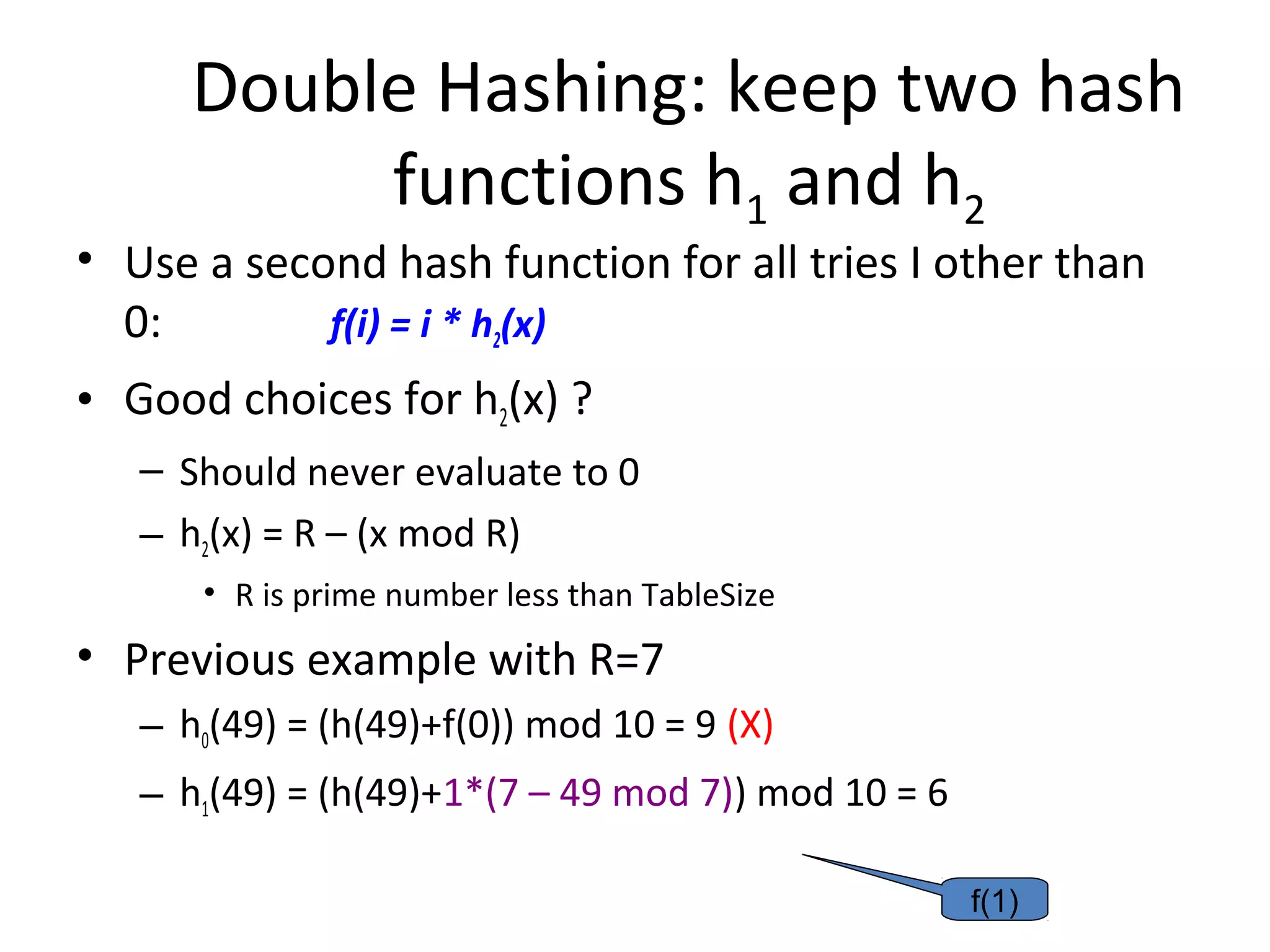 Double Hashing: keep two hash
           functions h1 and h2
• Use a second hash function for all tries I other than
  0:        f(i) = i * h2(x)
• Good choices for h2(x) ?
   – Should never evaluate to 0
   – h2(x) = R – (x mod R)
      • R is prime number less than TableSize
• Previous example with R=7
   – h0(49) = (h(49)+f(0)) mod 10 = 9 (X)
   – h1(49) = (h(49)+1*(7 – 49 mod 7)) mod 10 = 6

                                                    f(1)
 