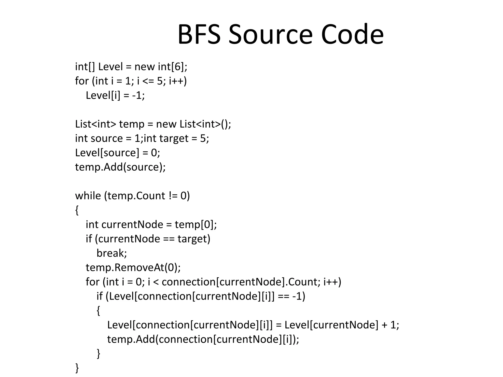 BFS Source Code
int[] Level = new int[6];
for (int i = 1; i <= 5; i++)
  Level[i] = -1;

List<int> temp = new List<int>();
int source = 1;int target = 5;
Level[source] = 0;
temp.Add(source);

while (temp.Count != 0)
{
  int currentNode = temp[0];
  if (currentNode == target)
     break;
  temp.RemoveAt(0);
  for (int i = 0; i < connection[currentNode].Count; i++)
     if (Level[connection[currentNode][i]] == -1)
     {
        Level[connection[currentNode][i]] = Level[currentNode] + 1;
        temp.Add(connection[currentNode][i]);
     }
}
 