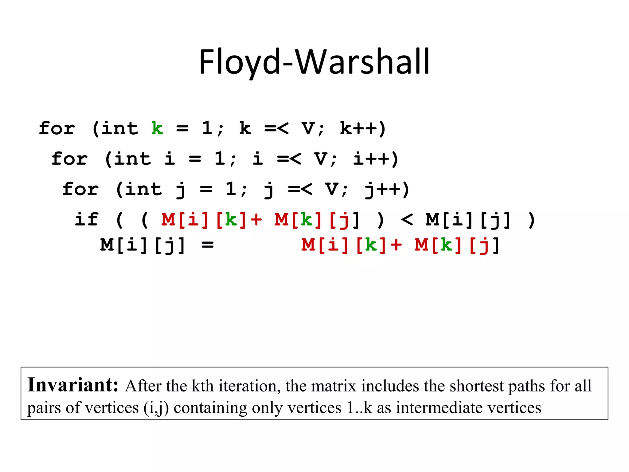 Floyd-Warshall
 for (int k = 1; k =< V; k++)
  for (int i = 1; i =< V; i++)
   for (int j = 1; j =< V; j++)
    if ( ( M[i][k]+ M[k][j] ) < M[i][j] )
      M[i][j] =       M[i][k]+ M[k][j]




Invariant: After the kth iteration, the matrix includes the shortest paths for all
pairs of vertices (i,j) containing only vertices 1..k as intermediate vertices
 
