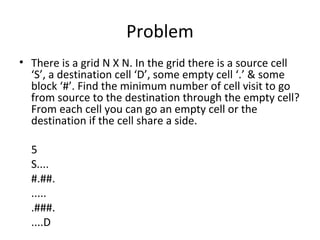 Problem
• There is a grid N X N. In the grid there is a source cell
  ‘S’, a destination cell ‘D’, some empty cell ‘.’ & some
  block ‘#’. Find the minimum number of cell visit to go
  from source to the destination through the empty cell?
  From each cell you can go an empty cell or the
  destination if the cell share a side.

  5
  S....
  #.##.
  .....
  .###.
  ....D
 