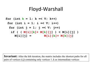 Floyd-Warshall
 for (int k = 1; k =< V; k++)
  for (int i = 1; i =< V; i++)
   for (int j = 1; j =< V; j++)
    if ( ( M[i][k]+ M[k][j] ) < M[i][j] )
      M[i][j] =       M[i][k]+ M[k][j]




Invariant: After the kth iteration, the matrix includes the shortest paths for all
pairs of vertices (i,j) containing only vertices 1..k as intermediate vertices
 