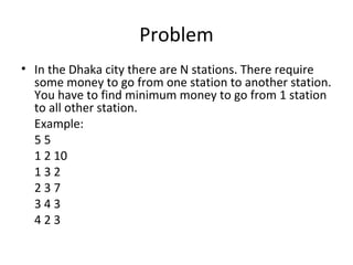 Problem
• In the Dhaka city there are N stations. There require
  some money to go from one station to another station.
  You have to find minimum money to go from 1 station
  to all other station.
  Example:
  55
  1 2 10
  132
  237
  343
  423
 