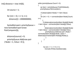 int[] distance = new int[6];            while (priorityQueue.Count != 0)
                                        {
                                           var item = priorityQueue.FirstOrDefault();
                                           priorityQueue.Remove(item);
       int source = 1;
                                             if (distance[item.Node] == item.Value)
                                             {
       for (int i = 0; i <= 5; i++)          for (int i = 0; i < connection[item.Node].Count;
         distance[i] = 2000000000;      i++)
                                                 {
                                                  if (distance[connection[item.Node][i].Node]
                                        > item.Value + connection[item.Node][i].Value)
      SortedSet<pair> priorityQueue =                {
   new SortedSet<pair>(new                            distance[connection[item.Node][i].Node]
   PairComparer());                     = item.Value + connection[item.Node][i].Value;
                                                       priorityQueue.Add(new pair { Node =
                                        connection[item.Node][i].Node, Value =
                                        distance[connection[item.Node][i].Node] });
      distance[source] = 0;                             }
      priorityQueue.Add(new pair                    }
                                              }
   { Node = 1, Value = 0 });
                                        }

                                                for (int i = 1; i <= 5; i++)
                                                  Console.WriteLine(distance[i]);
 