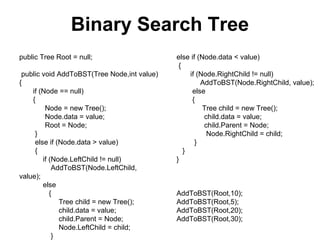 Binary Search Tree
public Tree Root = null;                     else if (Node.data < value)
                                              {
 public void AddToBST(Tree Node,int value)        if (Node.RightChild != null)
{                                                     AddToBST(Node.RightChild, value);
    if (Node == null)                              else
    {                                              {
         Node = new Tree();                            Tree child = new Tree();
         Node.data = value;                            child.data = value;
         Root = Node;                                  child.Parent = Node;
     }                                                  Node.RightChild = child;
     else if (Node.data > value)                    }
     {                                          }
        if (Node.LeftChild != null)          }
            AddToBST(Node.LeftChild,
value);
        else
           {                                 AddToBST(Root,10);
              Tree child = new Tree();       AddToBST(Root,5);
              child.data = value;            AddToBST(Root,20);
              child.Parent = Node;           AddToBST(Root,30);
              Node.LeftChild = child;
            }
 