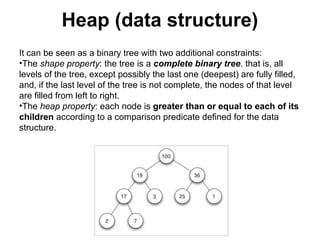 Heap (data structure)
It can be seen as a binary tree with two additional constraints:
•The shape property: the tree is a complete binary tree. that is, all
levels of the tree, except possibly the last one (deepest) are fully filled,
and, if the last level of the tree is not complete, the nodes of that level
are filled from left to right.
•The heap property: each node is greater than or equal to each of its
children according to a comparison predicate defined for the data
structure.
 
