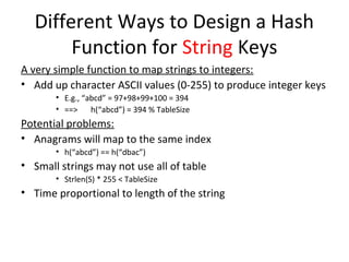 Different Ways to Design a Hash
       Function for String Keys
A very simple function to map strings to integers:
• Add up character ASCII values (0-255) to produce integer keys
       • E.g., “abcd” = 97+98+99+100 = 394
       • ==>     h(“abcd”) = 394 % TableSize
Potential problems:
• Anagrams will map to the same index
       • h(“abcd”) == h(“dbac”)
• Small strings may not use all of table
       • Strlen(S) * 255 < TableSize
• Time proportional to length of the string
 