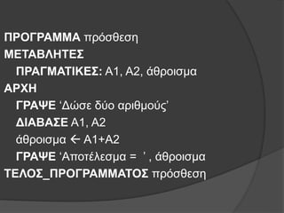 ΠΡΟΓΡΑΜΜΑ πρόσθεση
ΜΕΤΑΒΛΗΤΕΣ
ΠΡΑΓΜΑΤΙΚΕΣ: Α1, Α2, άθροισμα
ΑΡΧΗ
ΓΡΑΨΕ ‘Δώσε δύο αριθμούς’
ΔΙΑΒΑΣΕ Α1, Α2
άθροισμα  Α1+Α2
ΓΡΑΨΕ ‘Αποτέλεσμα = ’ , άθροισμα
ΤΕΛΟΣ_ΠΡΟΓΡΑΜΜΑΤΟΣ πρόσθεση
 