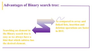 As compared to array and
linked lists, insertion and
deletion operations are faster
in BST.
Searching an element in
the Bi...