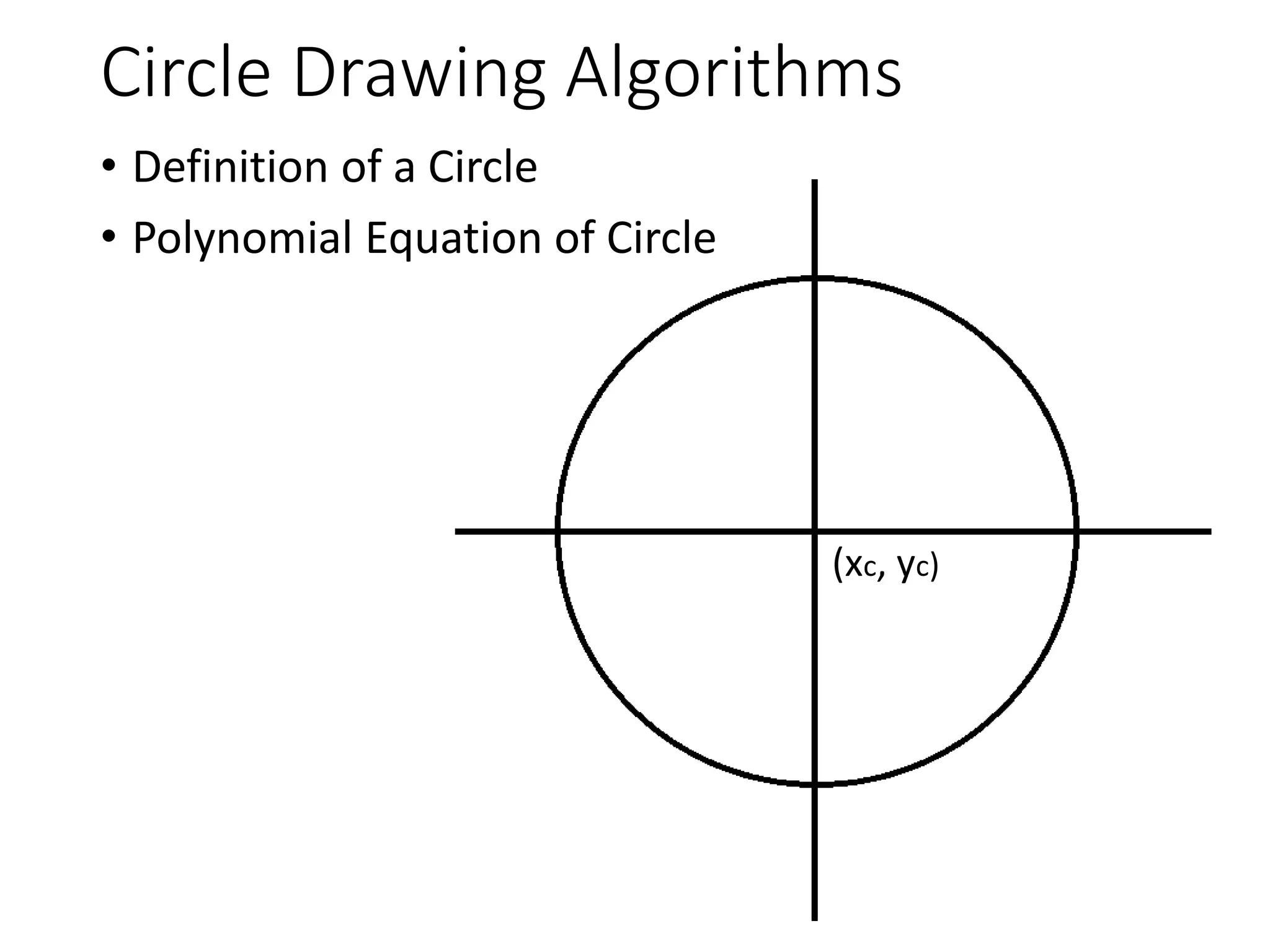 Circle Drawing Algorithms
• Definition of a Circle
• Polynomial Equation of Circle
(xc, yc)
 