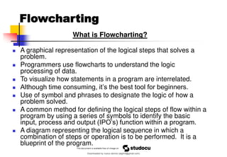 Flowcharting
What is Flowcharting?
◼ A graphical representation of the logical steps that solves a
problem.
◼ Programmers use flowcharts to understand the logic
processing of data.
◼ To visualize how statements in a program are interrelated.
◼ Although time consuming, it’s the best tool for beginners.
◼ Use of symbol and phrases to designate the logic of how a
problem solved.
◼ A common method for defining the logical steps of flow within a
program by using a series of symbols to identify the basic
input, process and output (IPO’s) function within a program.
◼ A diagram representing the logical sequence in which a
combination of steps or operation is to be performed. It is a
blueprint of the program.
Downloaded by nuevo dennis (atgimil@gmail.com)
lOMoARcPSD|32539794
 