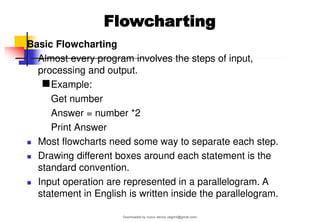 Basic Flowcharting
◼ Almost every program involves the steps of input,
processing and output.
◼Example:
Get number
Answer = number *2
Print Answer
◼ Most flowcharts need some way to separate each step.
◼ Drawing different boxes around each statement is the
standard convention.
◼ Input operation are represented in a parallelogram. A
statement in English is written inside the parallelogram.
Flowcharting
Downloaded by nuevo dennis (atgimil@gmail.com)
lOMoARcPSD|32539794
 