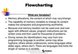 What are Variables?
◼ Memory allocations, the content of which may vary/change.
◼ The capability of memory variables to change its content
makes the computers and programming worthwhile.
◼ Because one memory location can be used over and over
again with different values, program instructions can be
written once and then used for thousands of problems.
◼ Giving names (for identification) may vary from one
programming language to another; some may allow
hyphens; others allows underscores; some languages allow
dollar signs, others don’t. There are languages that limits the
length of names to a variable.
Flowcharting
Downloaded by nuevo dennis (atgimil@gmail.com)
lOMoARcPSD|32539794
 