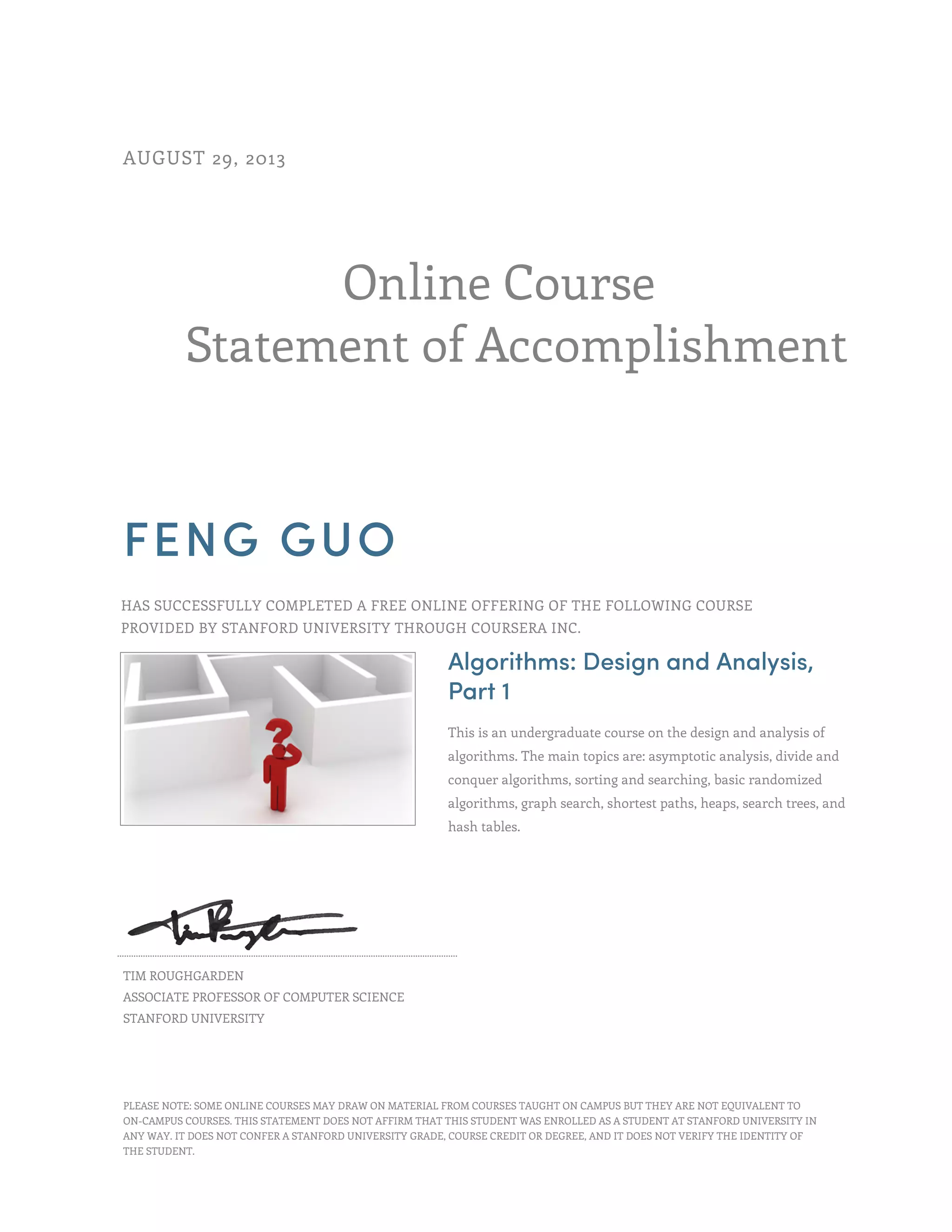 Certificate - Algorithms: Design and Analysis, Part 1 | PDF