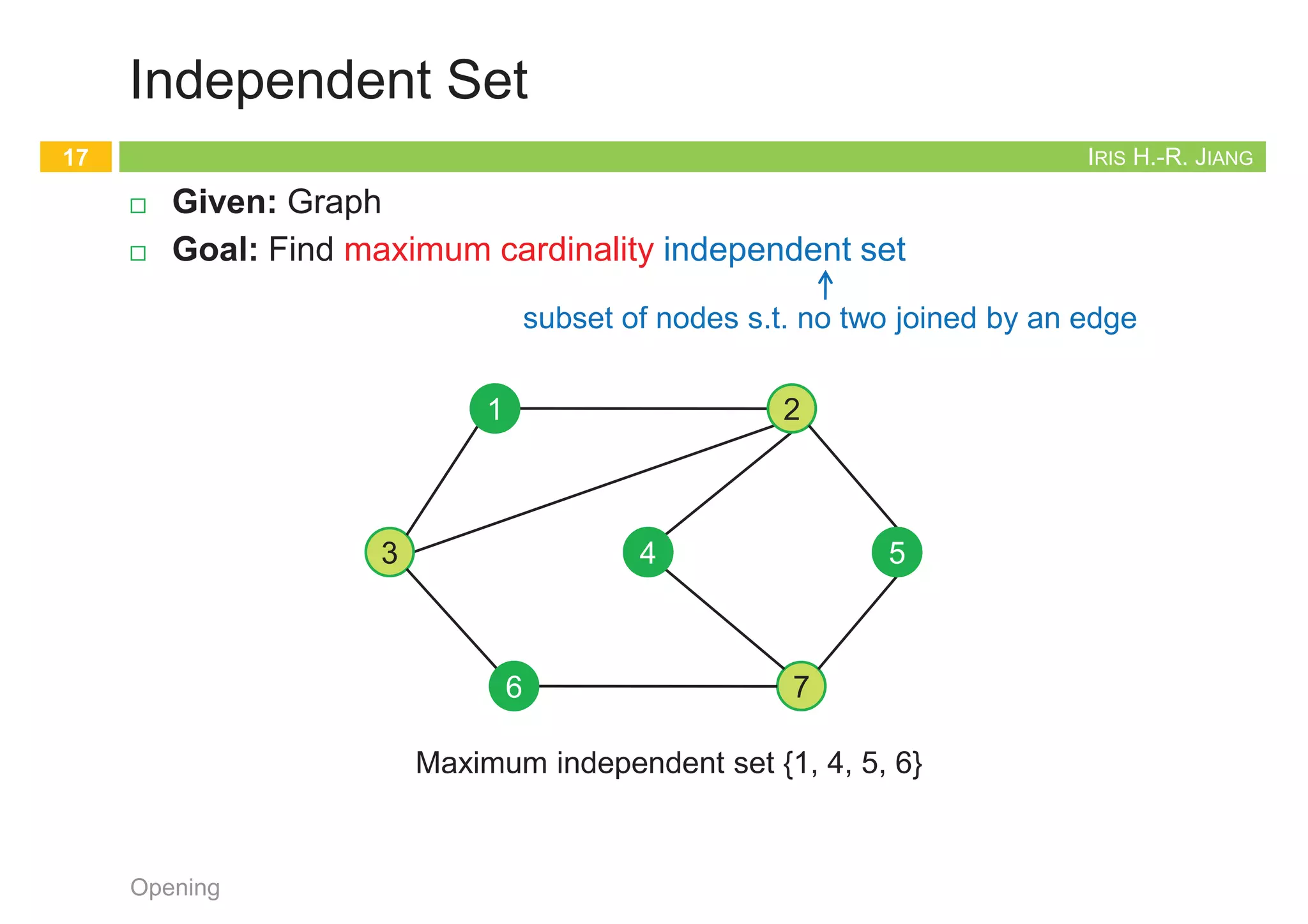 IRIS H.-R. JIANG
Independent Set
¨ Given: Graph
¨ Goal: Find maximum cardinality independent set
Opening
17
subset of nodes s.t. no two joined by an edge
1 2
3 4 5
6 7
1
4 5
6
Maximum independent set {1, 4, 5, 6}
IRIS H.-R. JIANG
Competitive Facility Location
¨ Given: Graph with weight on each node
¨ Game:
¤ Two competing players alternate in selecting nodes
¤ Do not allow to select a node if any of its neighbors have been
selected
¨ Goal: Select a maximum weight subset of nodes
Opening
18
Second player can guarantee 20, but not 25
10 5
1 5
15 1 5 1 10
15
IRIS H.-R. JIANG
Five Representative Problems
¨ Efficiently solvable
¤ Interval scheduling: nlogn greedy algorithm
¤ Weighted interval scheduling: nlogn dynamic programming
algorithm
¤ Bipartite matching: nk max-flow based algorithm
¨ Hard
¤ Independent set: NP-complete
¤ Competitive facility location: PSPACE-complete (even harder!)
Opening
19
Proofs
Back to Stable Matching
20
Opening
 