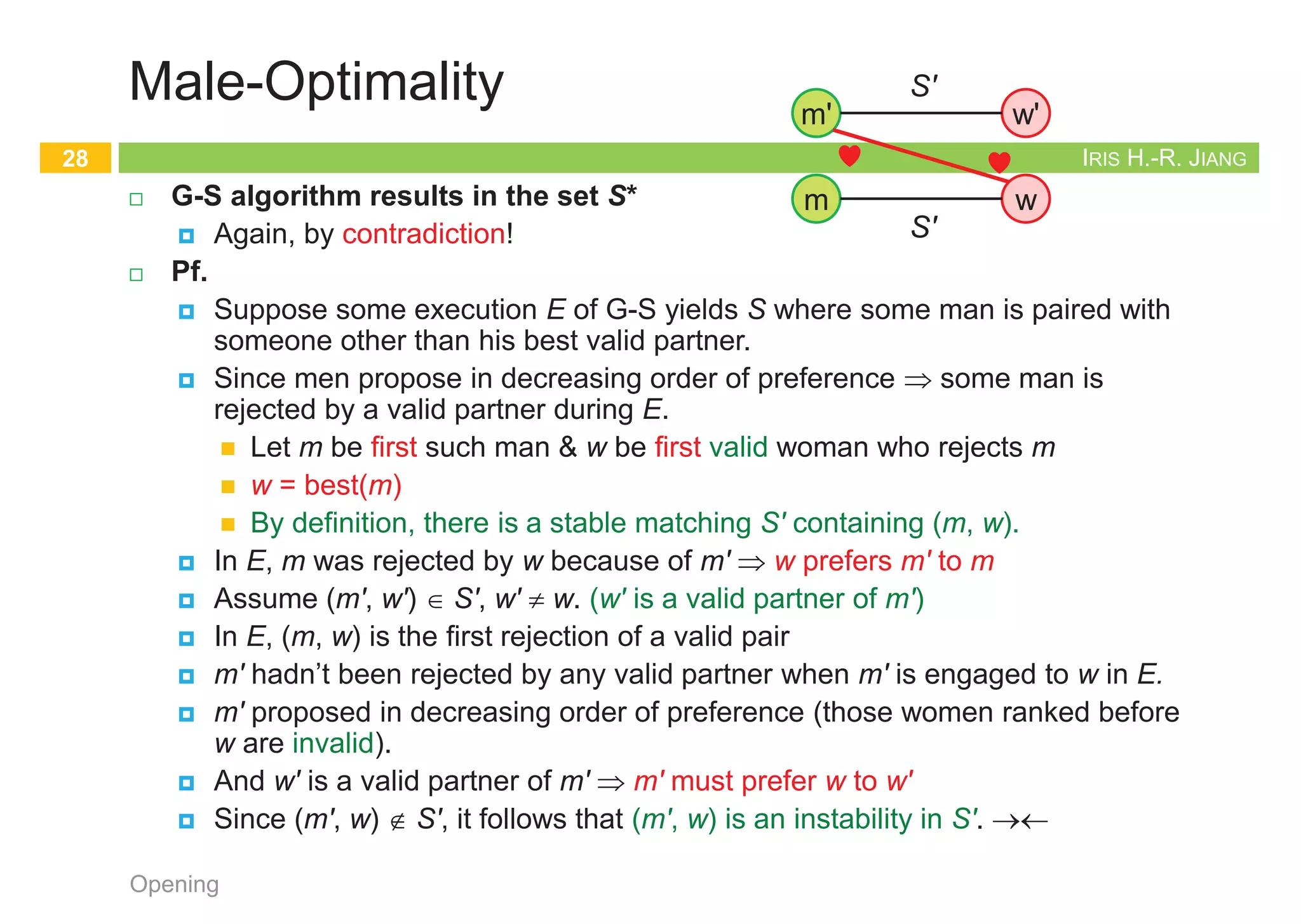 IRIS H.-R. JIANG
Correctness: Stability
¨ Consider an execution returns S. Set S is a stable matching.
¤ Assume an instability w.r.t. S and obtain a contradiction.
¨ Pf.
¤ This instability involve two pairs, (m, w) and (m', w'), in S with
n m prefers w' to w
n w' prefers m to m'
¤ In the execution, m’s last proposal was w.
¤ Did m propose to w' at some earlier point?
n Case 1: No.
n m must prefers w to w'. ®¬
n Case 2: Yes.
n m was rejected by w' because of m'', w' prefers m'' to m
n m'' = m' (final partner) ®¬
n w' prefers her final partner m' to m'' ®¬
Opening
25
w
m
m' w'
IRIS H.-R. JIANG
Uniqueness?
¨ Q: For a given instance, is stable matching is unique?
¨ A:
Opening
26
1st 2nd 3rd
Xavier
Yancey
Zeus
Amy
Bertha
Amy
Bertha
Amy
Bertha
Clare
Clare
Clare
Men’s Preference Profile
1st 2nd 3rd
Amy
Bertha
Clare
Yancey
Xavier
Xavier
Xavier
Yancey
Yancey
Zeus
Zeus
Zeus
Women’s Preference Profile
Bertha
Amy
Clare
Xavier
Yancey
Zeus
1st 2nd 3rd
Xavier
Yancey
Zeus
Amy
Bertha
Amy
Bertha
Amy
Bertha
Clare
Clare
Clare
Men’s Preference Profile
1st 2nd 3rd
Amy
Bertha
Clare
Yancey
Xavier
Xavier
Xavier
Yancey
Yancey
Zeus
Zeus
Zeus
Women’s Preference Profile
Bertha
Amy
Clare
Xavier
Yancey
Zeus
IRIS H.-R. JIANG
Male-Optimality
¨ S* = {(m, best(m)): m Î M}: best possible outcome for all men
¤ w Î W is a valid partner of a man m if there is a stable matching
that contains the pair (m, w)
¤ w = best(m): best valid partner of m if w is a valid partner of m
and no woman whom m ranks higher than w is m’s valid partner
¨ Every execution of G-S algorithm results in the set S*
¤ Male-optimal (and female-pessimal)
¤ The same matching for all executions
Opening
27
1st 2nd 3rd
Xavier
Yancey
Zeus
Amy
Bertha
Clare
Bertha
Amy
Bertha
Clare
Clare
Amy
Men’s Preference Profile
1st 2nd 3rd
Amy
Bertha
Clare
Yancey
Xavier
Xavier
Zeus
Zeus
Yancey
Xavier
Yancey
Zeus
Women’s Preference Profile
Bertha
Amy
Clare
Xavier
Yancey
Zeus
IRIS H.-R. JIANG
Male-Optimality
¨ G-S algorithm results in the set S*
¤ Again, by contradiction!
¨ Pf.
¤ Suppose some execution E of G-S yields S where some man is paired with
someone other than his best valid partner.
¤ Since men propose in decreasing order of preference Þ some man is
rejected by a valid partner during E.
n Let m be first such man & w be first valid woman who rejects m
n w = best(m)
n By definition, there is a stable matching S' containing (m, w).
¤ In E, m was rejected by w because of m' Þ w prefers m' to m
¤ Assume (m', w') Î S', w' ¹ w. (w' is a valid partner of m')
¤ In E, (m, w) is the first rejection of a valid pair
¤ m' hadn’t been rejected by any valid partner when m' is engaged to w in E.
¤ m' proposed in decreasing order of preference (those women ranked before
w are invalid).
¤ And w' is a valid partner of m' Þ m' must prefer w to w'
¤ Since (m', w) Ï S', it follows that (m', w) is an instability in S'. ®¬
Opening
28
w
m
m' w'
S'
S'
 